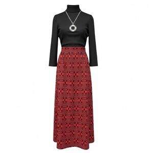 Vintage 1970s Black & Red Geometric Checkerboard Mock Neck Maxi Dress Size Large